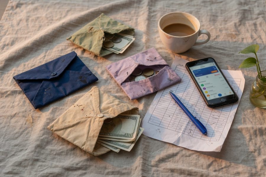 Person reviewing monthly budget on laptop with coffee, digital envelope dashboard visible