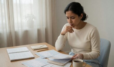 College graduate reviewing first paycheck and financial documents on laptop