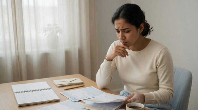 College graduate reviewing first paycheck and financial documents on laptop