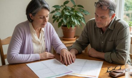 Married couple reviewing financial documents and savings goals together at home
