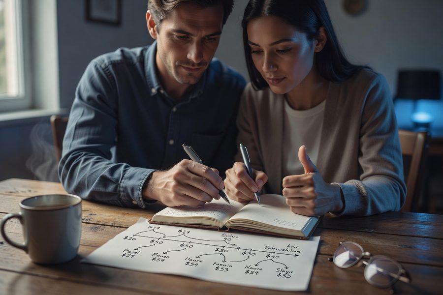 Couple reviewing retirement and college savings spreadsheet together at kitchen table