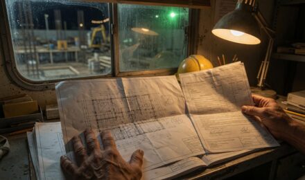 Construction site with framing and blueprint for new home build