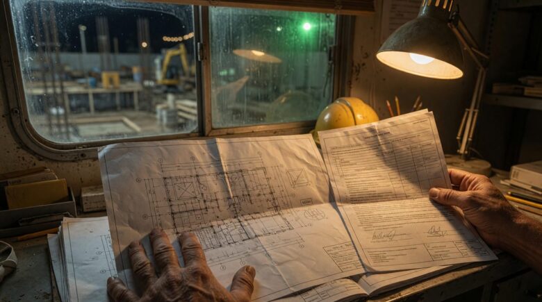 Construction site with framing and blueprint for new home build