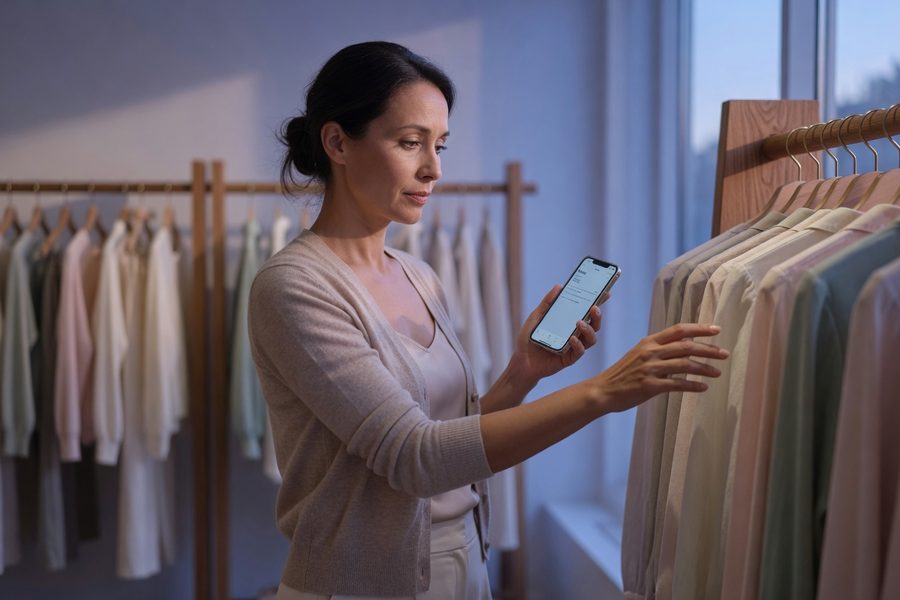 A notebook with a "Needs vs. Feelings" checklist next to a smartphone with a shopping cart