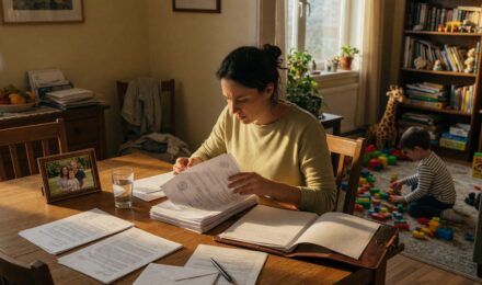 Parent and child reviewing estate planning documents at home