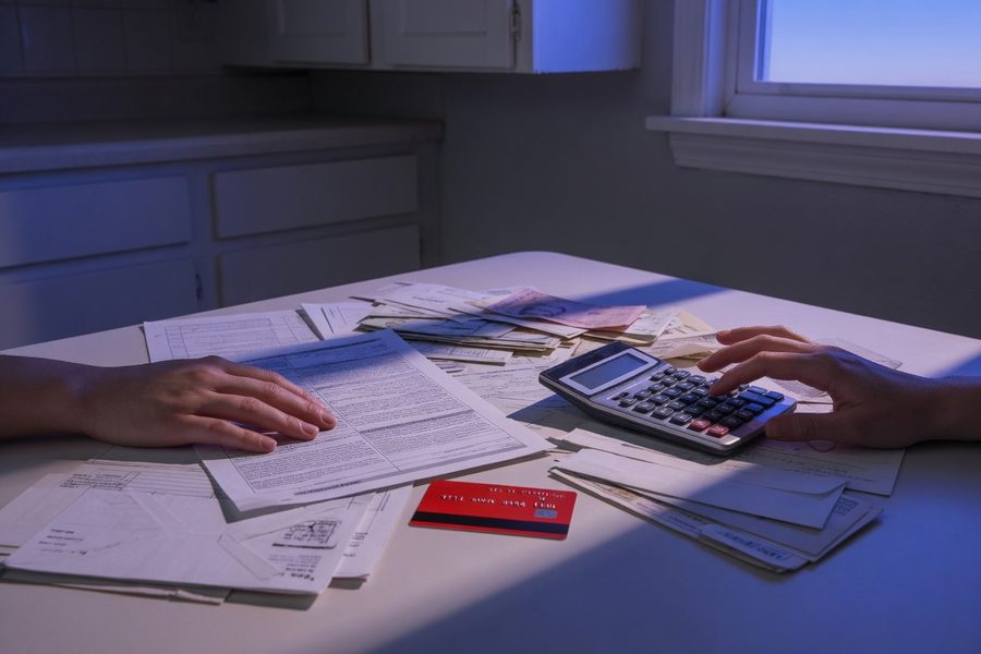 A couple reviewing their debt-to-income ratio on a paper statement