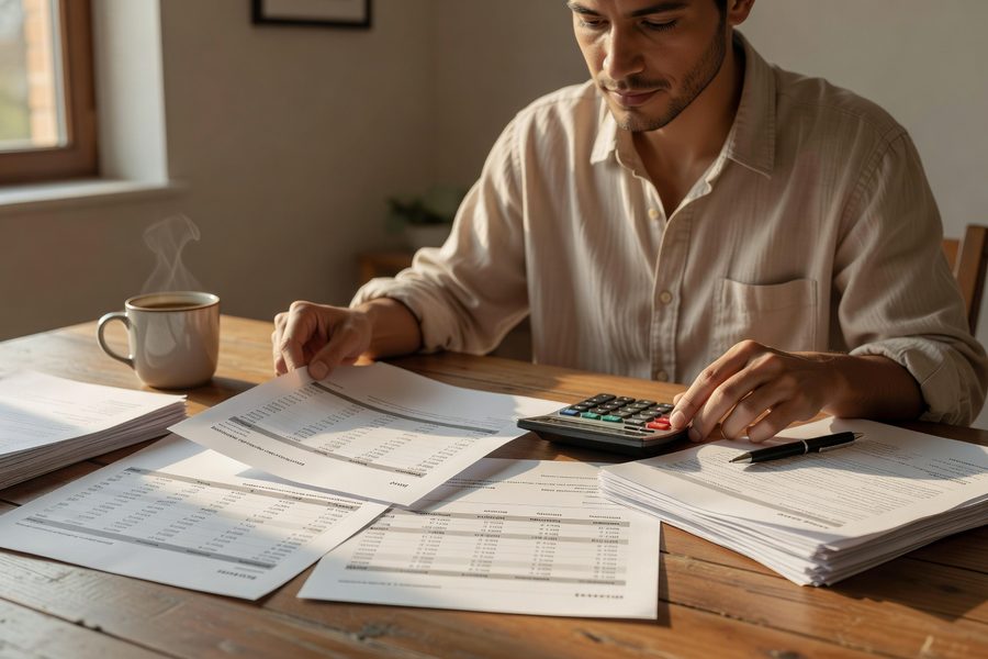 Down payment calculator and mortgage papers on a desk.