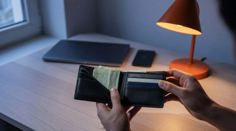 Minimalist wallet and financial accounts representing consolidated finances and reduced subscriptions