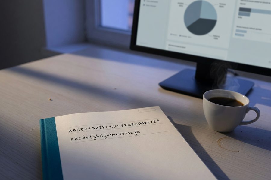 A sun‑lit desk with a single laptop showing a simple two‑fund portfolio chart