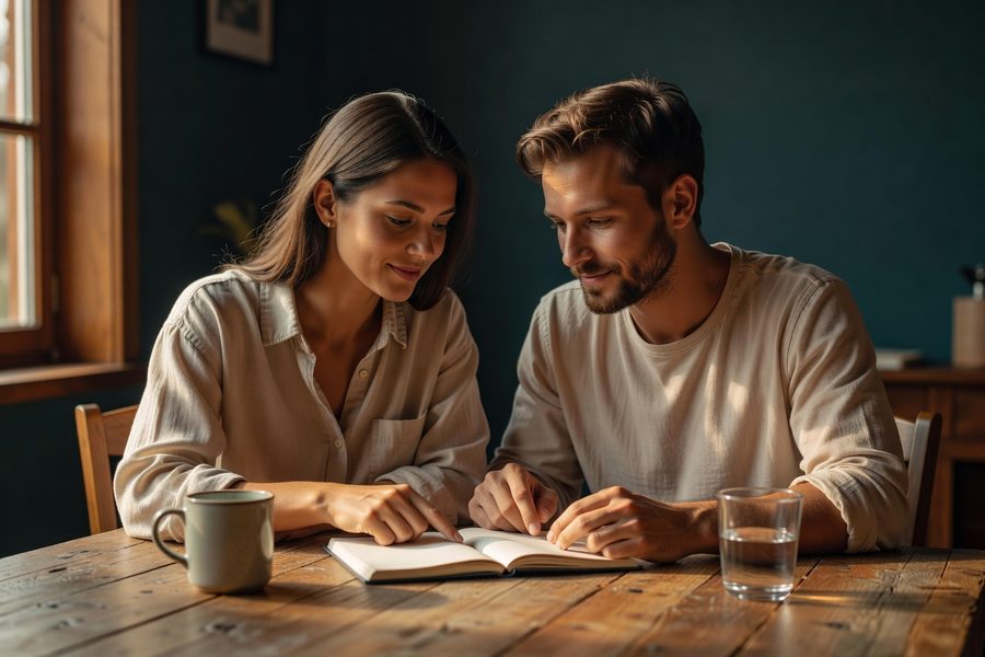 Couple sitting at kitchen table with papers and coffee, having a calm money conversation.