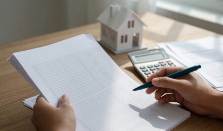 First-time home buyer reviewing budget documents and mortgage preapproval paperwork at a desk