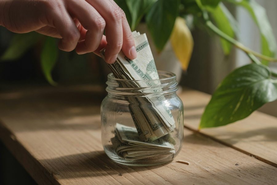 A glass jar labeled "Emergency Fund" with coins and bills slowly accumulating