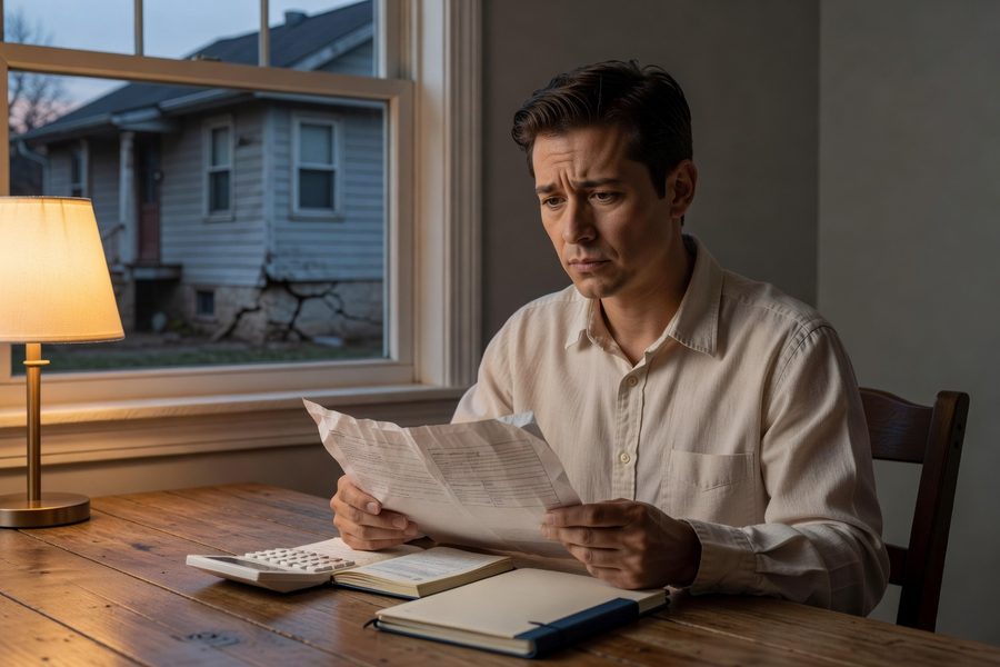 A first-time homebuyer reviewing a detailed inspection report with an agent