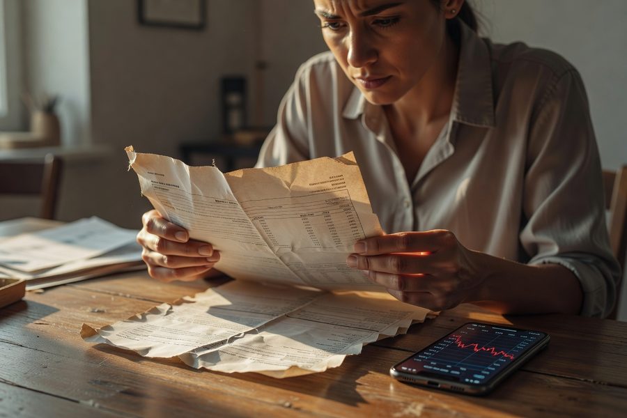 Person staring at red stock chart on laptop, anxious