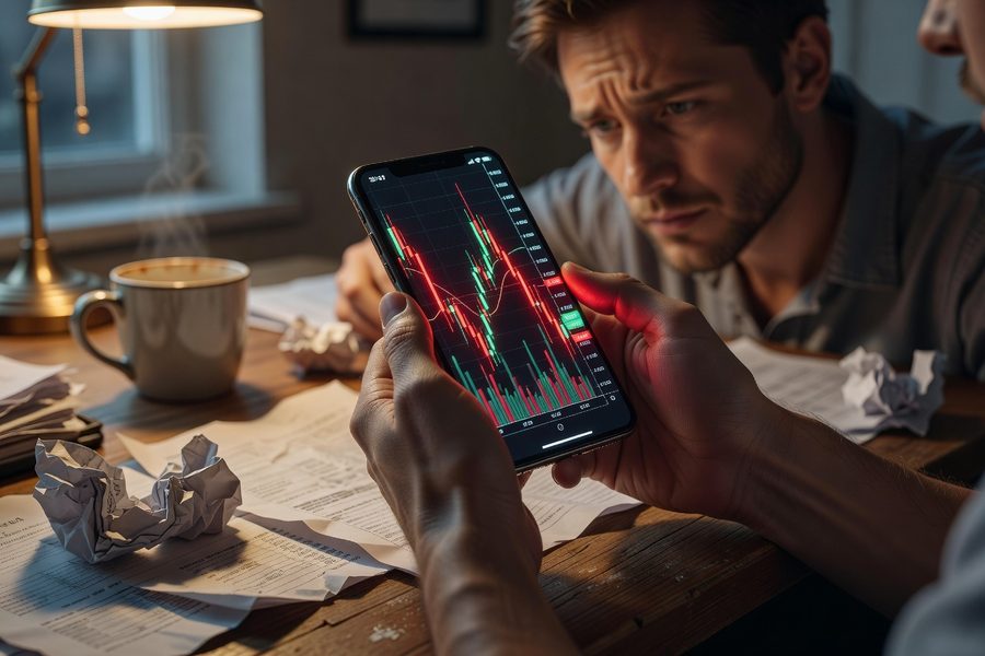 Person closing phone and walking away from trading desk