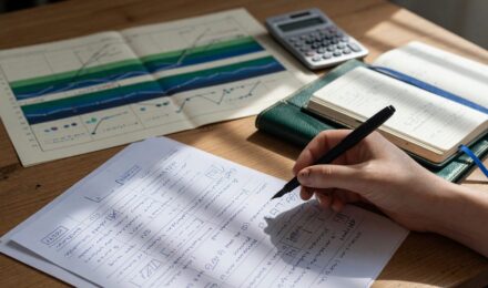 Person reviewing investment portfolio and financial plan on laptop at desk