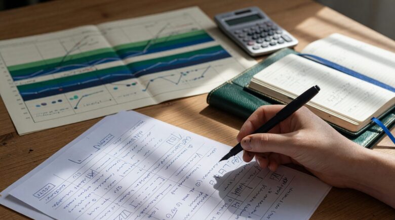 Person reviewing investment portfolio and financial plan on laptop at desk