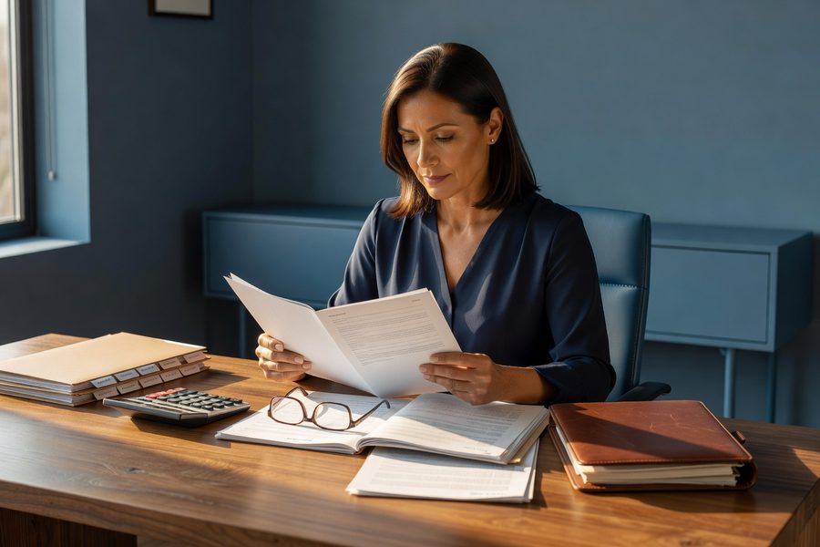A tabletop with a financial planner’s notebook showing asset allocation glide path and investment policy statement