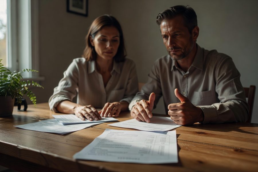 Couple sitting at kitchen table reviewing bank statements