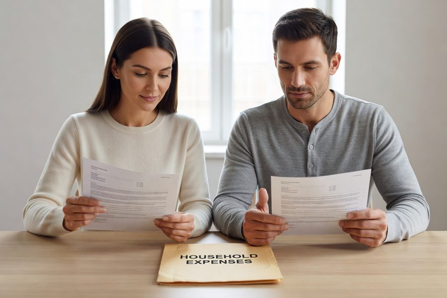Couple reviewing monthly budget on tablet, joint account displayed