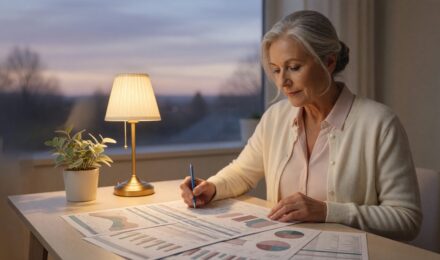 Nurse in her 60s reviewing retirement plan with financial documents and cash reserve strategy