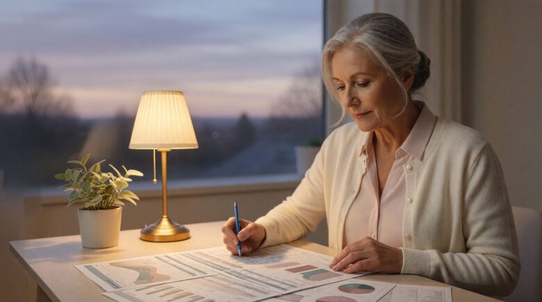 Nurse in her 60s reviewing retirement plan with financial documents and cash reserve strategy