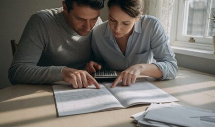 Married couple reviewing debt payoff strategy and financial plan together at home