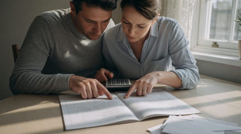 Married couple reviewing debt payoff strategy and financial plan together at home