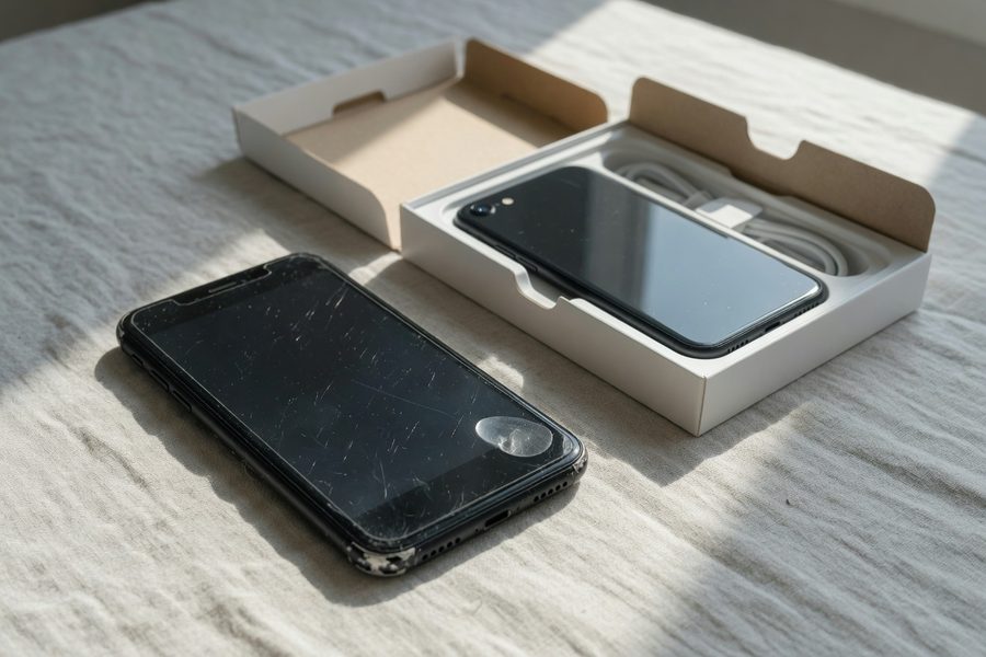 Side-by-side comparison of new and refurbished smartphone prices on a store shelf