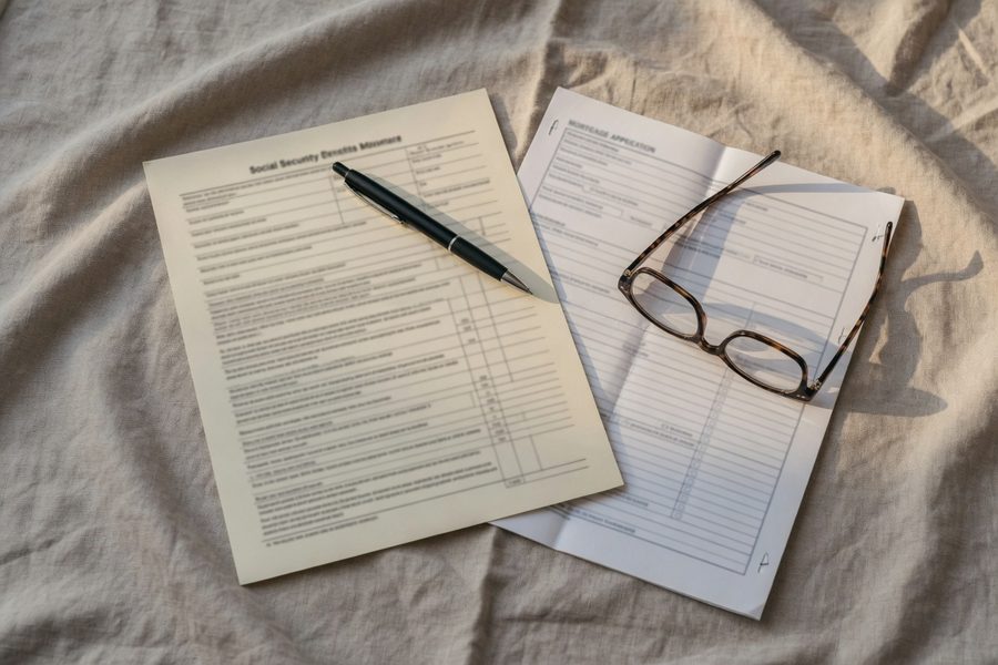 Retired couple reviewing mortgage documents at a kitchen table