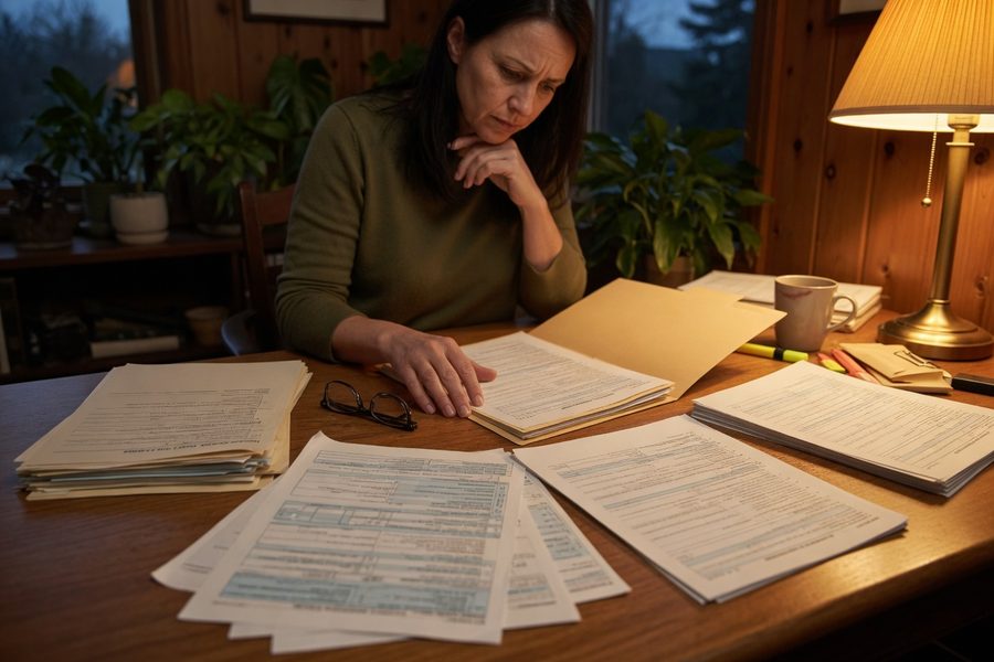 Small business owner reviewing health insurance documents at desk with laptop and tax forms