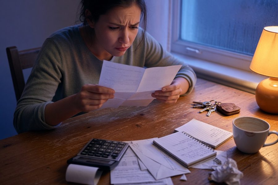Young couple reviewing loan documents with calculator and down payment estimates