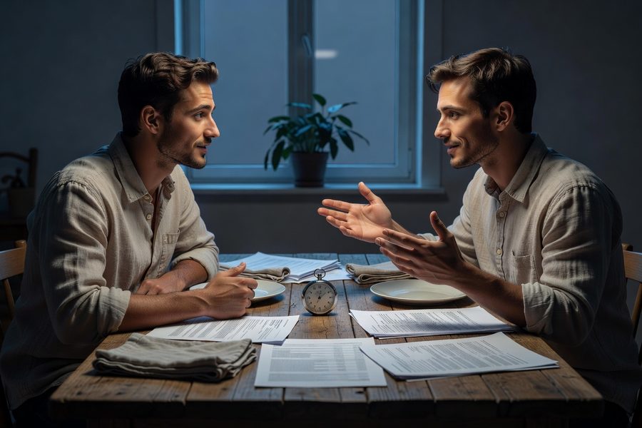 Couple sitting calmly at a kitchen table with notebooks and a cup of coffee, talking about finances without screens