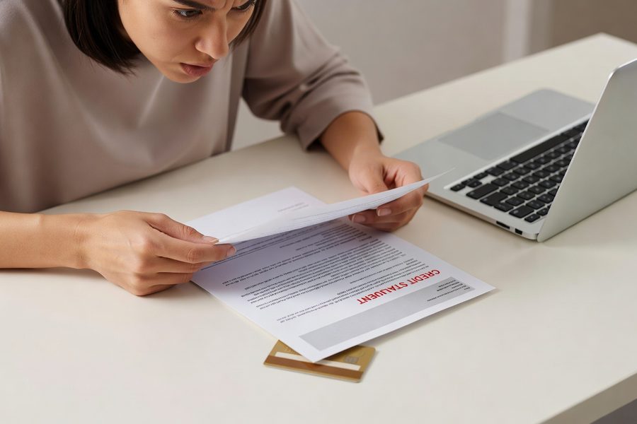 A couple reviewing a printed list of debts together, calmly marking off items one by one