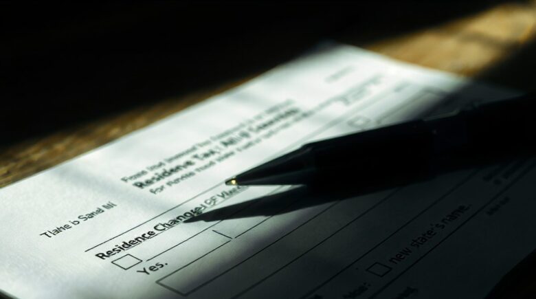 Person organizing tax documents and moving boxes for state relocation